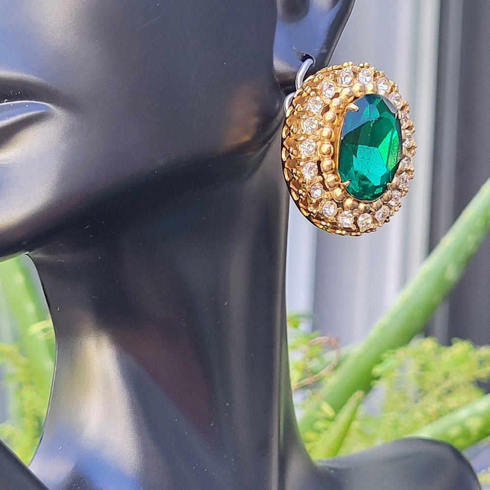 Coro Large green Rhinestone clip on earrings